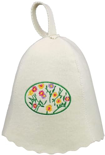 GMMH® Saunahut aus Wollfilz, Saunamütze für Damen, Blumen Muster und Design, Filz Kopfschutz Saunakappe Filzkappe Mütze Filzhut Hut Kappe für Sauna, Banya, Finnische Sauna
