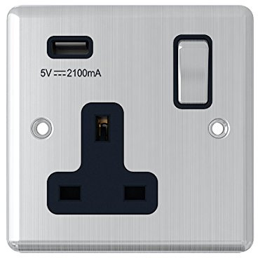 Satin Chrome Classical 1 Gang Socket w/USB Charging Port Black Insert Metal Rocker Switch - Alliance Electrical 13 Amp Single Plug Socket & USB Power Outlet