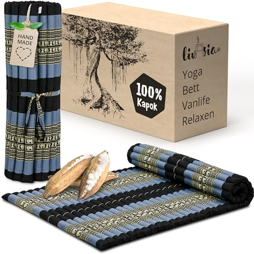 livasia Rollmatte Rollmatratze L breit bequem - 200x110x4,5cm - Gästebett Gästematratze 1 Person, Reisebett Kofferraum Outdoor, Thaimatte Kapok Garten Balkon handgefertigt (Blau/Elefanten)