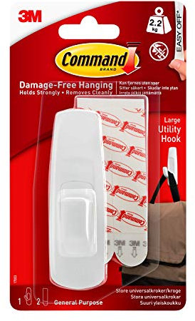 Command Large Utility Hook, Pack of 1 Hook and 2 Adhesive Strips, White - Damage Free Hanging - Holds up to 2.2kg