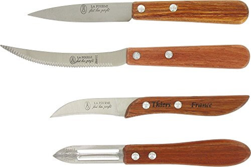 Le coffret kraft de 4 utilitaires de cuisine la fourmi manche en sapelli : 1 couteau a tomate, un eplucheur, une epluchette, un couteau d'office lame 9 cm