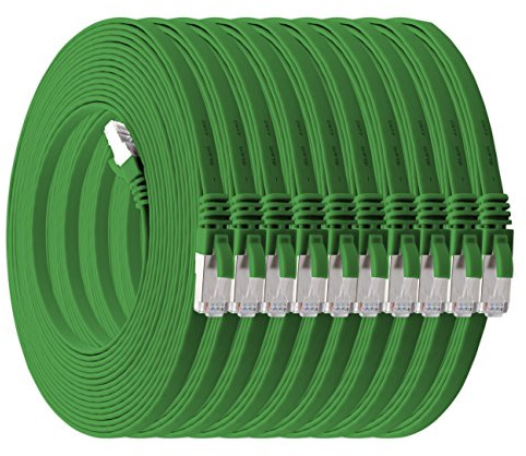 1aTTack.de 3,0 m - grün - 10 Stück Cat7 Flachkabel Netzwerkkabel Cat 7 Rohkabel Gigabit Lan (10Gbit/s) Flachbandkabel Verlegekabel Patchkabel Flach Slim Rj 45 Stecker Cat6a