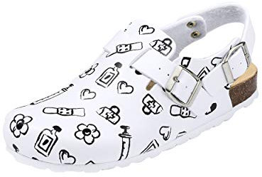 CLINIC DRESS Clog - Clogs Damen bunt weiß Motiv. Schuhe für Krankenschwestern, Ärzte oder Pflegekräfte weiß/schwarz, Health Care, 38