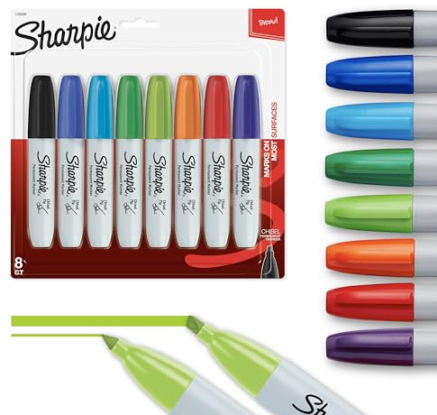 Sharpie Permanent Chisel Tip Marker Set, Poster Markers for Wood, Plastic, and More, 8 Count