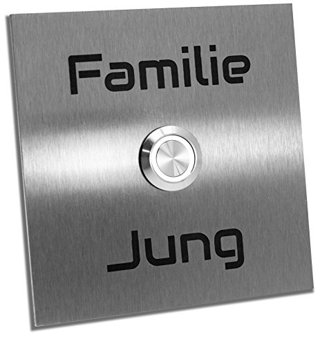 Jung-Edelstahl-Design Türklingel Bochum mit Gravur. Moderne Klingelplatte in verschiedenen Größen. Led Taster in (weiss). Klingelschild aus V2a Edelstahl. Unterputztürklingel