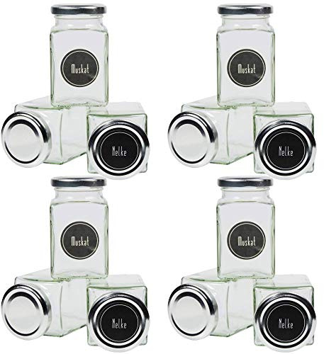 12 eckige Gewürzgläser 260 ml inkl. 24 Gewürzetiketten Deckelfarbe Silber