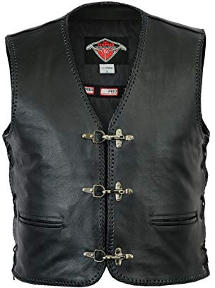 Texpeed Chaleco de cuero para moteros con hebilla - Cuero de motocicleta para hombre Negro - 4XL