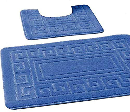 EDS Luxury 2 Piece Greek Bath Mat Set Non Slip Ultra Soft Bathroom Mats Water Absorbent Bath Mats Machine Washable Rug Toilet Mat for Bathroom Floor (Blue)