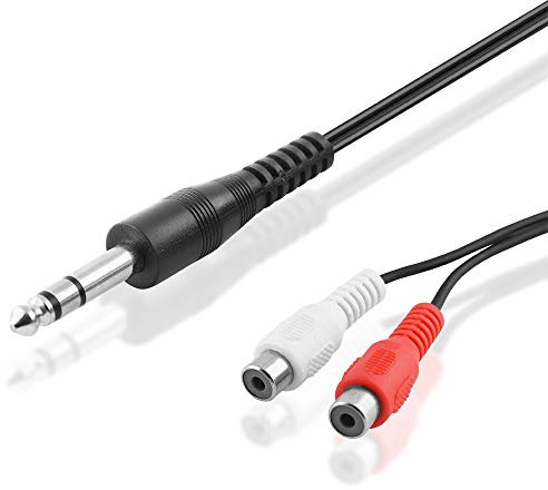BestPlug 20cm Y Audio RCA Aux in Out Kabel Adapter Verteiler Splitter Weiche, 2 L-R Cinch Buchse Kupplung weiblich auf 1 6,3mm Stereo Klinke Stecker männlich, Schwarz