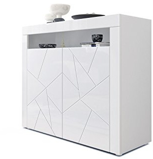 Vladon Kommode Valencia, Made in Germany, Sideboard mit 2 Türen und 1 offenem Fach, Weiß matt/Weiß Hochglanz Element mit 3D Struktur/Weiß Hochglanz (108 x 92 x 40 cm)