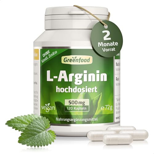 L-Arginin Kapseln, hochdosiert, 500 mg - 120 Kapseln, vegan. L-Arginin Reinsubstanz. OHNE künstliche Zusätze, laborgeprüft. Von Greenfood.