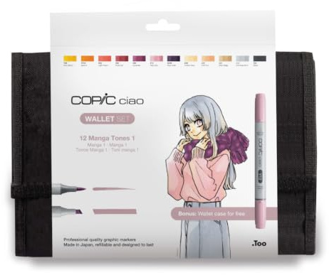 COPIC Ciao Marker 12er Manga Set Witch im Wallet, Allround-Layoutmarker mit einer mittelbreiten und einer Brush-Spitze