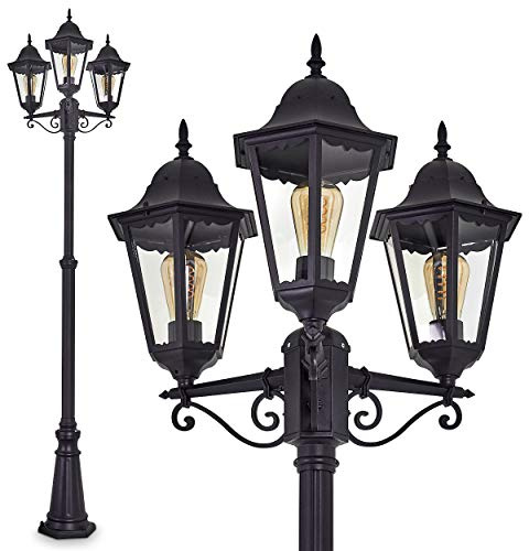 Outdoor lamp Hong Kong, Candelabra in Antique Look, cast Aluminium in matt Black with Clear Glass panes, 3-arm Path Light, Height Adjustable, Retro/Vintage Garden lamp, E27 Socket, IP44, Without Bulb