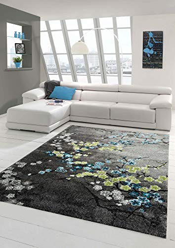 Traum Designer Teppich Moderner Teppich Wohnzimmer Teppich Blumenmotiv Grau Türkis Grün Weiss Größe 120x170 cm
