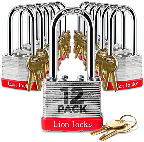 Lion Locks 12 Keyed Alike Padlocks with 2 Long Shackle, 24 Keys - Padlocks for Outdoor Use, Locks with Keys, Hardened Steel Case, Pick Resistant Brass Pin Cylinder for Hasp Latch, Locker, Gate