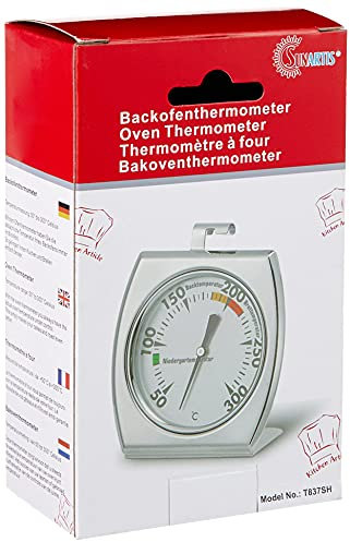 SUNARTIS - Ofenthermometer | Hochwertiges Backofenthermometer mit mehrfarbigem Ziffernblatt. Ofenthermometer aus Edelstahl mit Haken und Standfuß | Thermometer für Backofen bis 300 °C | 7x8cm