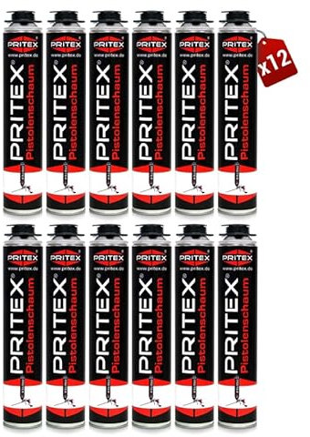 PRITEX – Pistolenschaum 12 x 750 ml zum Verfüllen, Dämmen & Abdichten – Montageschaum mit hervorragender Schall- & Wärmedämmung – Bauschaum für Montagepistole