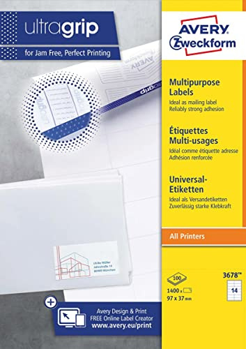 AVERY Zweckform 3678 Adressaufkleber (1.400 Klebeetiketten, 97x37mm auf A4, Papier matt, individuell bedruckbare Absenderetiketten, selbstklebende Adressetiketten mit ultragrip) 100 Blatt, weiß