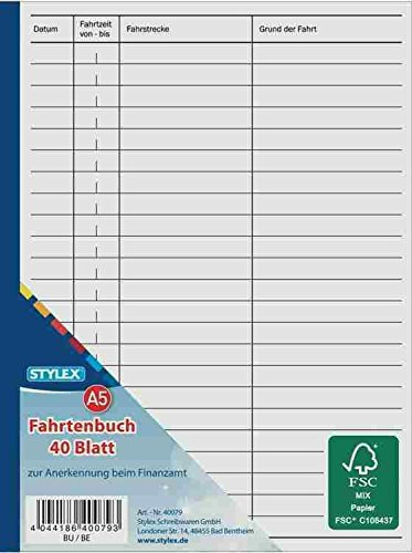 STYLEX 40079 Fahrtenbuch, DIN A5, 40 Blatt