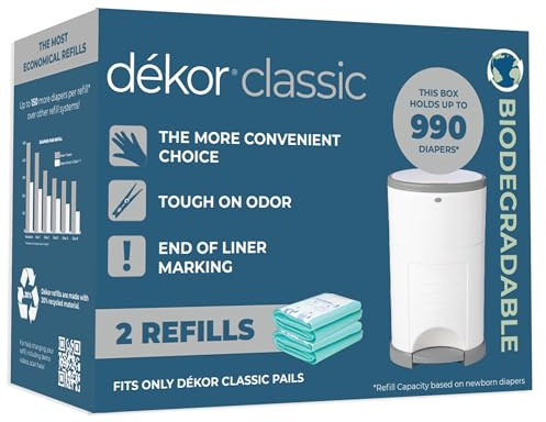 Diaper Dekor Classic Diaper Pail Biodegradable Refills | 2 Count | Most Economical Refill System | Quick & Easy to Replace | No Preset Bag Size Use Only What You Need | Exclusive End-of-Liner Marking