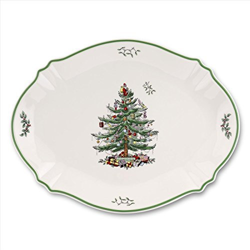 Spode Plato ovalado de 43.2 cm con diseño de árbol de Navidad, plato grande de porcelana para servir carne, frutas, productos horneados, apto para microondas y lavavajillas, hermosa vajilla navideña