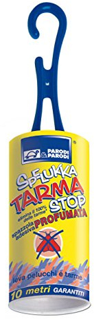 Spazzola adesiva levapelucchi, spazzola rimuovi pelucchi anti tarma SPELUKKA TARMA STOP, fogli adesivi rimuovi pelucchi da strappare 10 mt, spazzola appendibile profumata rimuovi pelucchi art. 333
