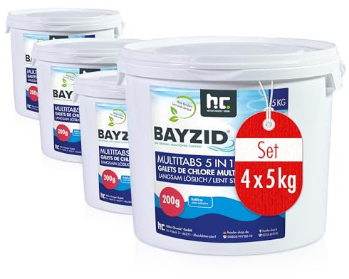 Höfer Chemie 4 x 5 kg Galets de Chlore (200g) Multifonction 5 en 1 pour Piscine - Entretien et Nettoyage en 5 Phases - Fabriqué en Europe - pour Une Eau Limpide