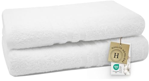 ZOLLNER 2er Set Duschtücher in 70x140 cm - Flauschige und saugstarke Handtücher in weiß - mit praktischem Aufhänger - waschbar bis 95°C - Baumwolle - Hotelqualität