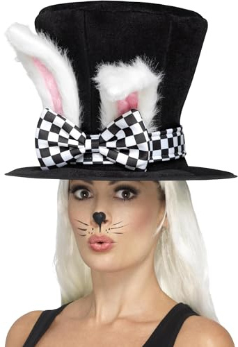 Smiffys Haut-de-forme lièvre en rut partie de thé, noir et blanc, avec oreilles de lapin attachées Halloween