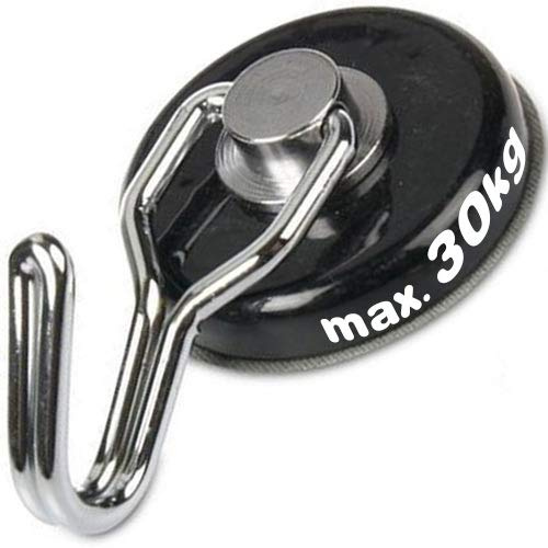 Magnosphere Neodym Magnethaken, Magnet mit Haken drehbar Ø 38 mm, schwarz - Haftkraft 30 kg - Hakenmagnet im Stahltopf
