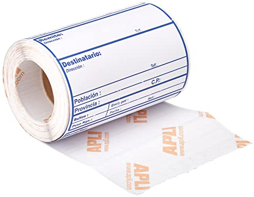 APLI 324 - Rollo 200 etiquetas envio, Etiquetas adhesivas con texto preimpreso para rellenar los datos de envío, tamaño etiqueta 109 x 82 mm