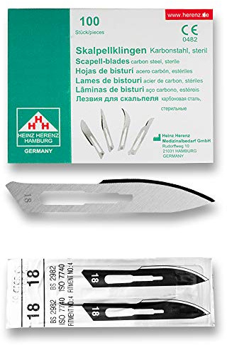 May 100 Stück Skalpellklingen Figur 18 für Skalpellhalter Nr. 4 - einzeln steril verpackt | Großes Zubehör-Set für Kosmetik und Hobby. Ersatzmesser für exakte Resultate.