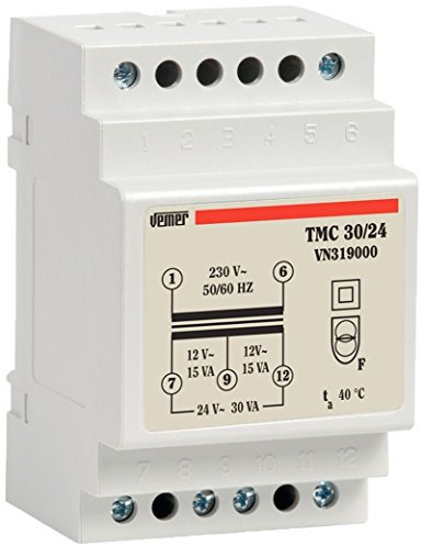 VEMER VN319000 Trasformatore TMC 30/24 da Barra DIN per Servizio Continuo 230V/12-24V Potenza 30VA, Bianco
