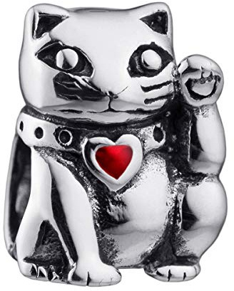 MATERIA Beads Anhänger Katze Glücksbringer 925 Silber antik mit Emaille Herz rot für Damen Mädchen Armband 1564