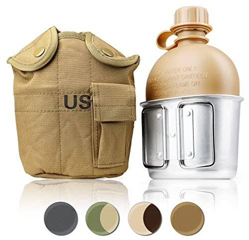Ganzoo Feldflasche 1 Liter inkl. Trinkbecher (Kochbehälter) aus Aluminium, Bundeswehr-Flasche/Alu Travel Bottle + Stofftasche in Beige