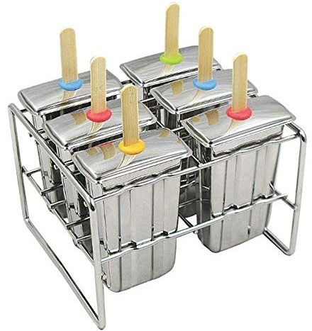 Moldes de paletas de acero inoxidable 18/8 y estante para 6 máquinas de hielo con 50 palos reutilizables y 12 sellos de silicona para hacer helados para niños, cepillo de limpieza adicional