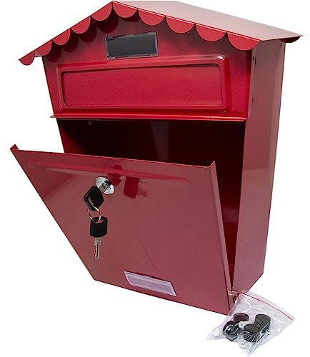 Steel Post Box Large Mailbox - Wall Mounted Parcel Delivery | Powder Coated - For Home Use & Outside on Sheds, Garages, Walls, Gates - Red Mail Box with 2 Keys | Lockable Letter - Keep Your Mail Safe