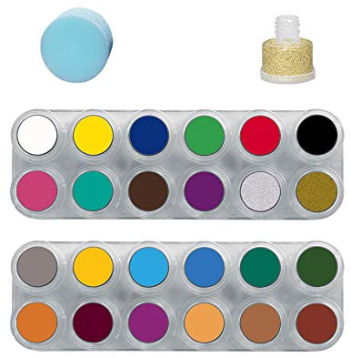GRIMAS Water Make up Kinderschminken Theaterschminke Palette 24 Farben Schwamm Glitzer Set