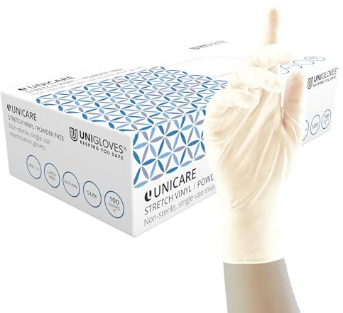 Unigloves Unicare Stretch Vinyl GS0133-A Examination - Multipurpose, Stretch Vinyl Disposable Gloves, Box of 100 Gloves, Natural, Medium