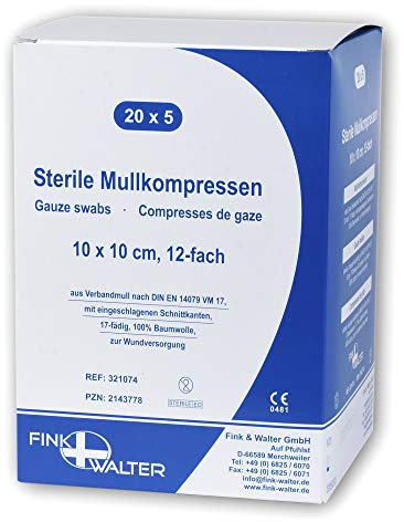 Fink & Walter Mullkompressen steril 10x10cm, 12-fach, VM 17 DIN 14079 BW, 100 Stück
