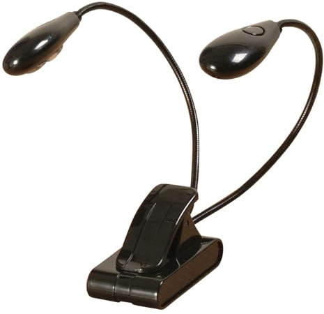 On-Stage LED204 Clip-On Duo LED Light (Sheet-Music-Stand Lighting, Tabletop Base, Two Adjustable Goosenecks, High- and Low-Intensity Modes, Portable Lamp, DJ, FOH, Batteries Included, Black)