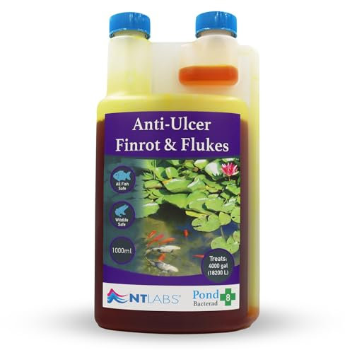 NT Labs Pond Bacterad, Pond Fish Medicine, Anti-Ulcer Fin-Rot & Flukes, Use When Fish Show Symptoms of Fin Rot, Mouth Rot, Red Blotches, Missing Scales or Clamped Fins (1 Litre)