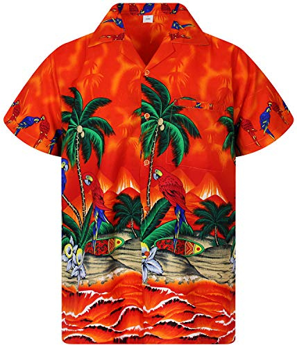 V.H.O. | Funky Hawaii-skjorta | Herr | Kortärmad | Framficka | Hawaii-tryck | Papegoja strandblommor palmer, Papegoja orange, L