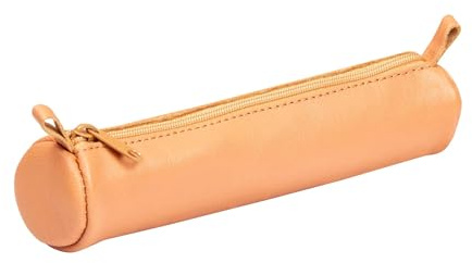 Clairefontaine 8303C - Trousse Scolaire Ronde Ø3,5x18 cm en Cuir Véritable, Beige