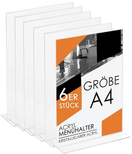 Studiocen 6er-Set Acryl Aufsteller A4 T-förmig - Tischaufsteller Transparent, Leicht zu reinigen, Kratzfest -Tischschildhalter mit einfachem Blättchenwechsel- für Büro, Rezeption, Restaurant