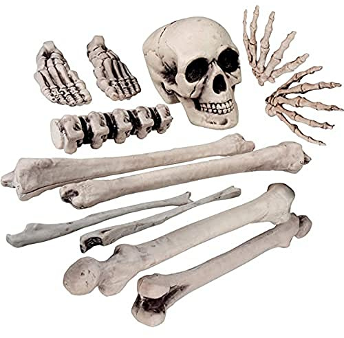 Boland 74391 - Kit scheletro, set decorativo 12 pezzi, 1 teschio e 11 ossa in plastica, decorazione Halloween, decorazione per feste, decorazione da tavola, bianco