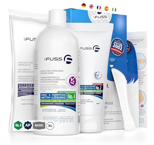 Mr. Fuss® No. 4 - Advanced Pack Basic - Groß, Nagelhaut- Hornhautentferner Sparpaket 4 tlg. Aktiv-Lösung Schnell erweichend - 500 ml, Balsam No. 2 - 200 ml, Watte, Schaber