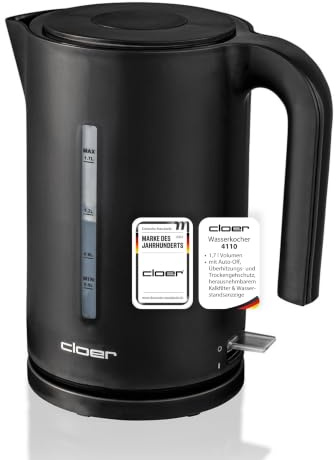 Cloer 4110 Wasserkocher 1,7 l mit herausnehmbarem Kalkfilter, beidseitige Wasserstandsanzeige, Überhitzungs- & Trockengehschutz, 360°-Basis, Kunststoffgehäuse, schwarz, 2200 Watt