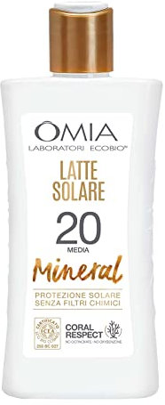 Omia, Latte Solare Mineral SPF20 Viso e Corpo, Protezione Solare Media, Per Pelli Moderatamente Scure e Olivastre, Con Filtro Minerale e Ingredienti di Origine Naturale, Flacone da 200 ml