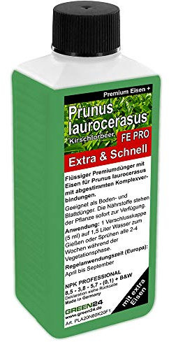 Spezial Kirschlorbeer Dünger FE PRO mit Eisen Prunus laurocerasus NPK, Volldünger für Lorbeer Pflanzen und Hecken, Premium Flüssigdünger